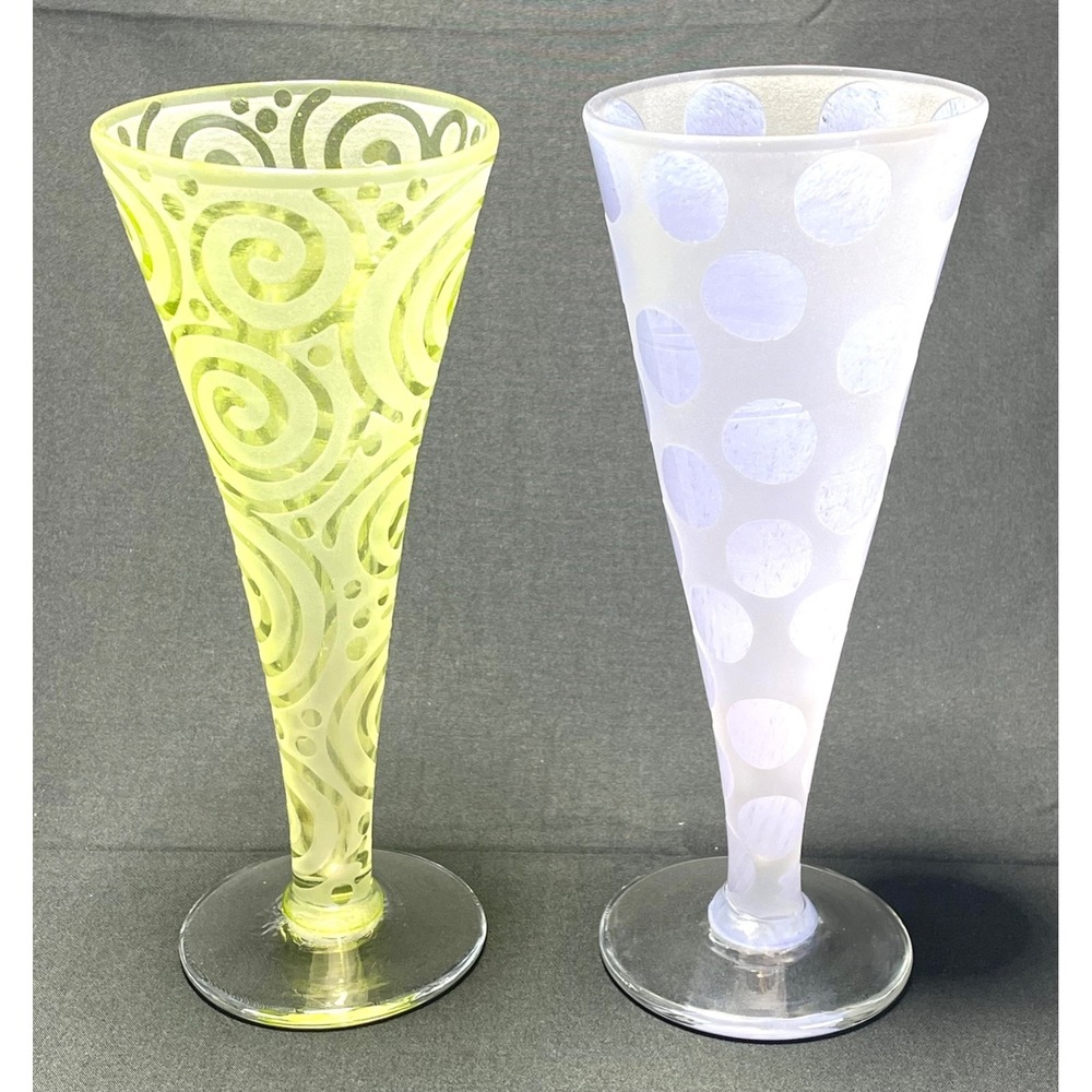 Art Glass Trumpet Vases Pair 8.25" Tall Frosted Etched Signed Spiral /Polka Dot